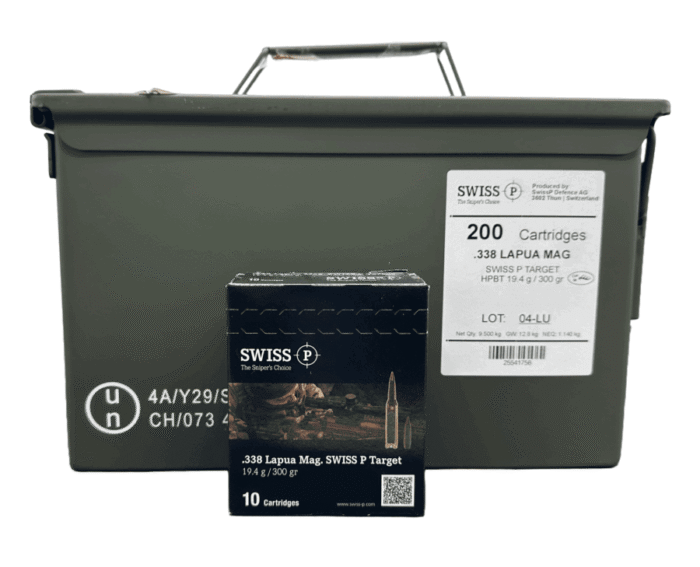 Swiss Lapua Mag 300gr - Swiss P 338 Lapua Mag 300gr HPBT Target – Entire Ammo Can (20 boxes / 200 rounds)