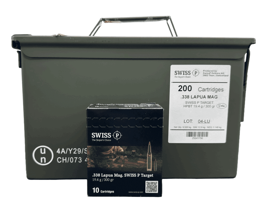 Swiss Lapua Mag 300gr - Swiss P 338 Lapua Mag 300gr HPBT Target – Entire Ammo Can (20 boxes / 200 rounds)