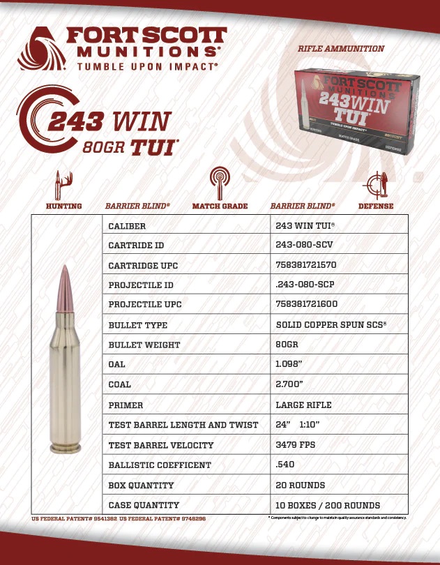 Fort Scott 243 Winchester Ammunition 80 Grain Solid Copper Spun 20 Rounds - Image 2