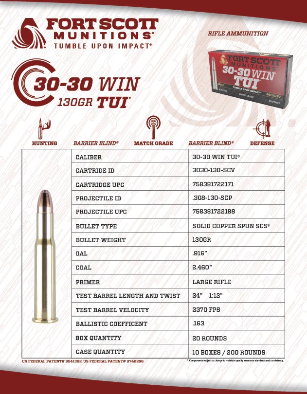 Fort Scott 30-30 Win Ammunition 130 Grain Solid Copper Spun 20 Rounds - Image 2
