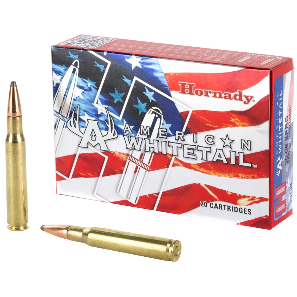 Box of Hornady American Whitetail .30-06 Springfield 150 grain ammunition with two cartridges