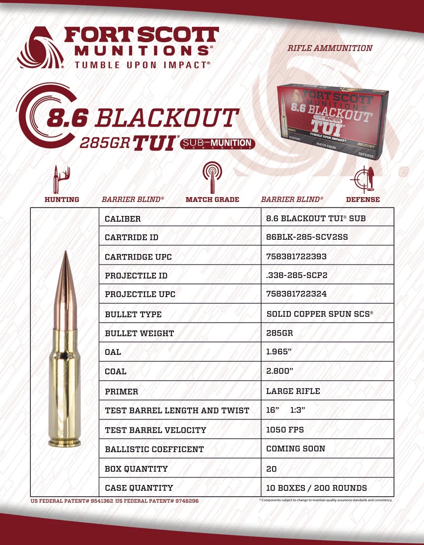 Fort Scott 8.6 Blackout Subsonic 285 Grain Solid Copper 20 Rounds - Image 2