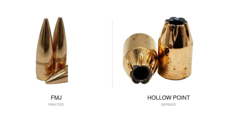 FMJ and hollow point bullets side by side